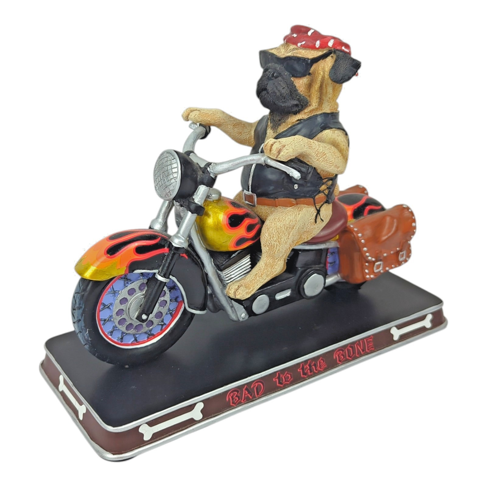 Danbury Mint Pug Dog Biker on Flaming Motorcycle “Bad To The Bone” Rare! Retired