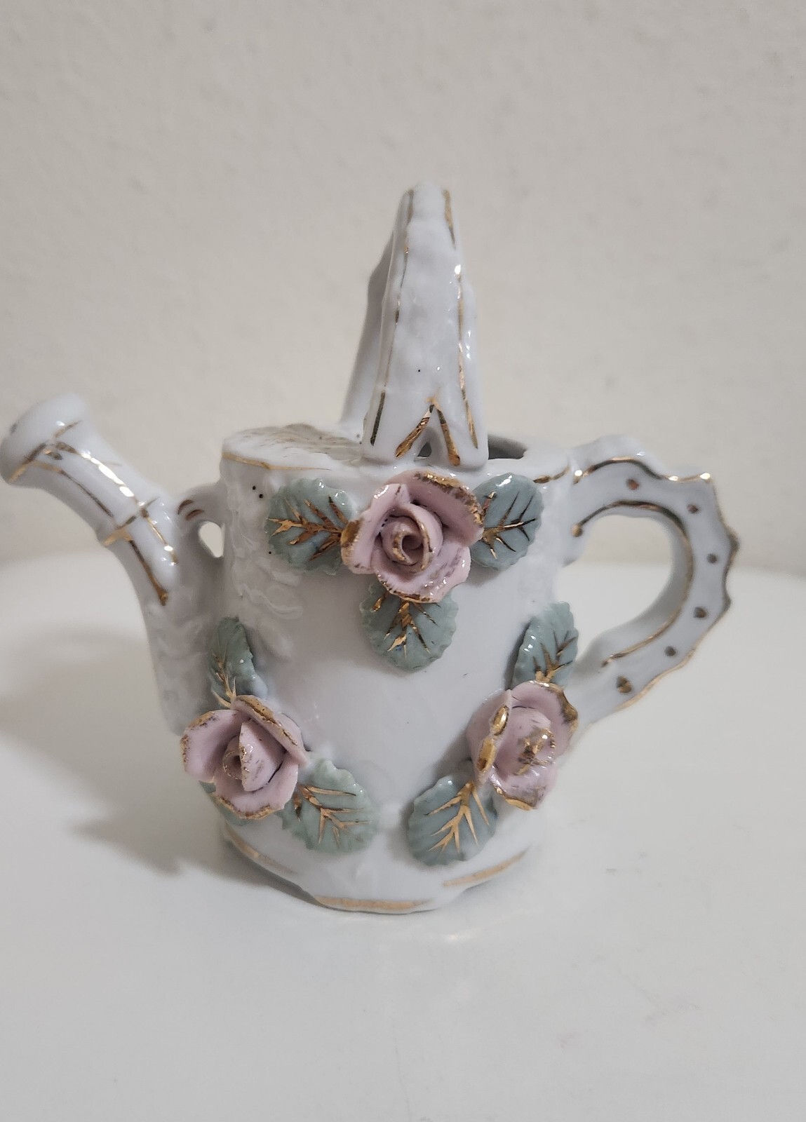 Vintage Porcelain Watering Can Figure w/ 3-D Pink Roses & Green Leaves Gold Trim