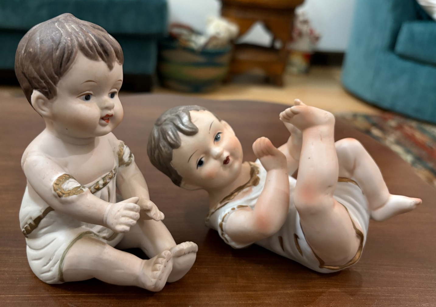 TWO 1940s 1950s vintage piano baby boy porcelain bisque figurine, SET OF 2