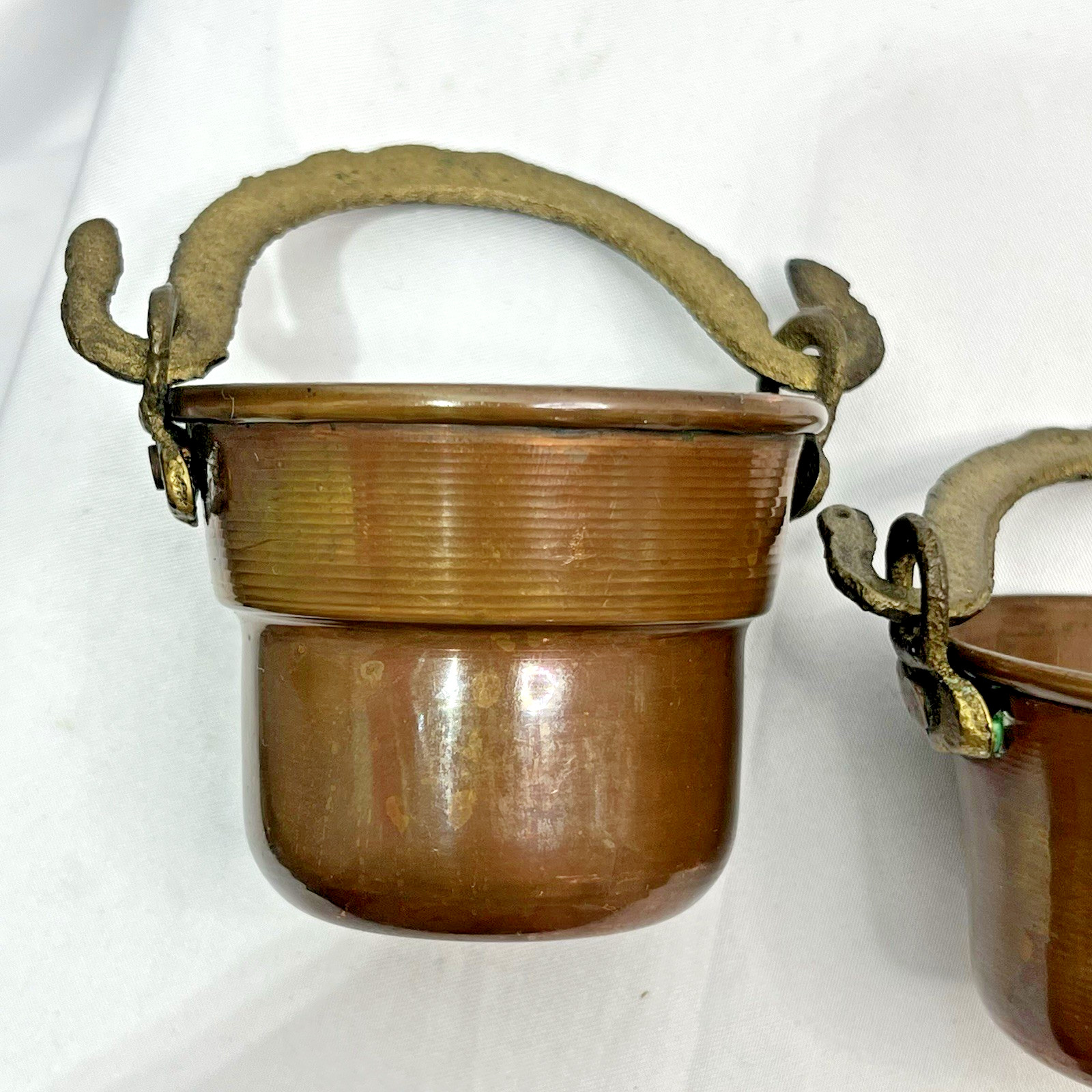 2 Vintage Copper Bucket Pail Rivet Brass Handle Tapered Miniature 1.5-1.75 tall