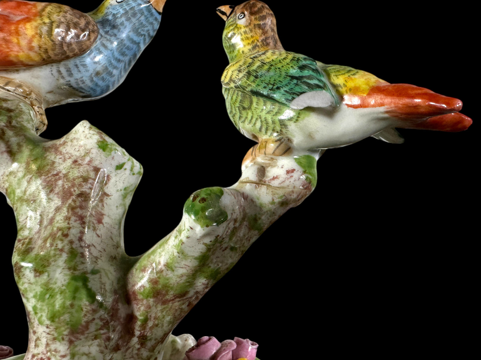 Pair of Porcelain Finch Birds on Branches, France, Early 20th Century