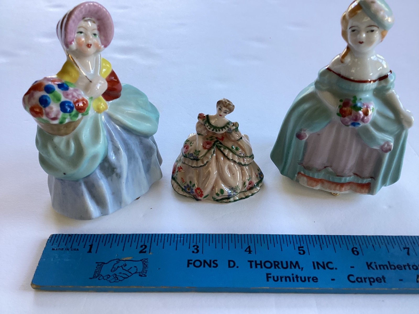 3 Porcelain Figurine Woman W/ Flowers 4 1/8” Tall Vintage Occupied Japan.