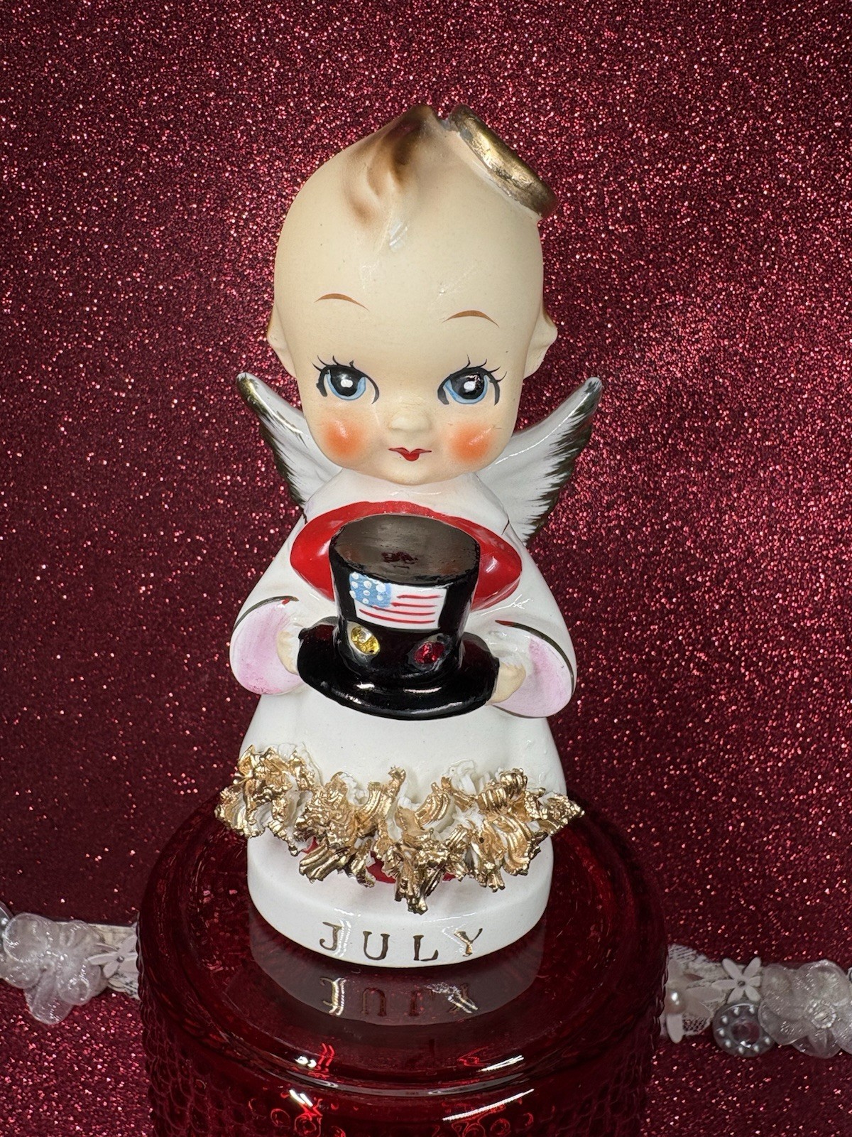 Vtg Arnart 4th Of July Kewpie Angel W/ Rhinestone & Flag Top Hat Figurine Japan