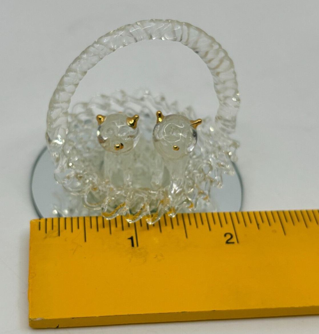 Set Of 4 Spun Glass Figurines Mirrored Base Kittens Shoe Baby Carriage Apple