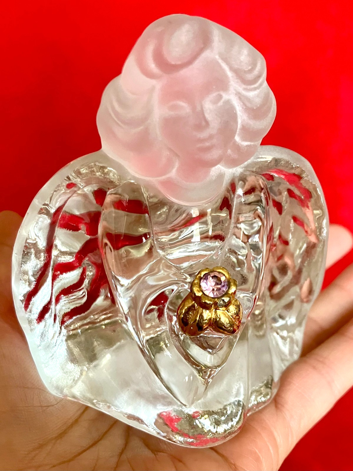 FENTON ANGEL GLASS FIGURINE CLEAR FROSTED with STONE ** More VINTAGE items RN