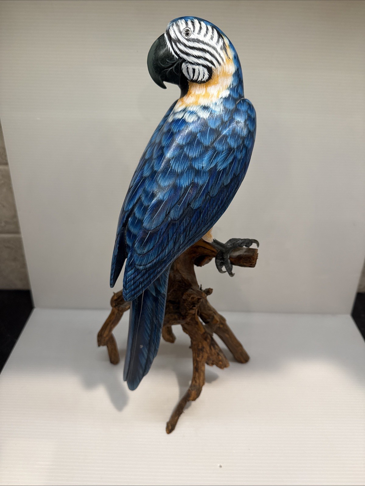 Vintage Hand Carved & Painted Wooden Blue White Orange Mccaw On A Branch