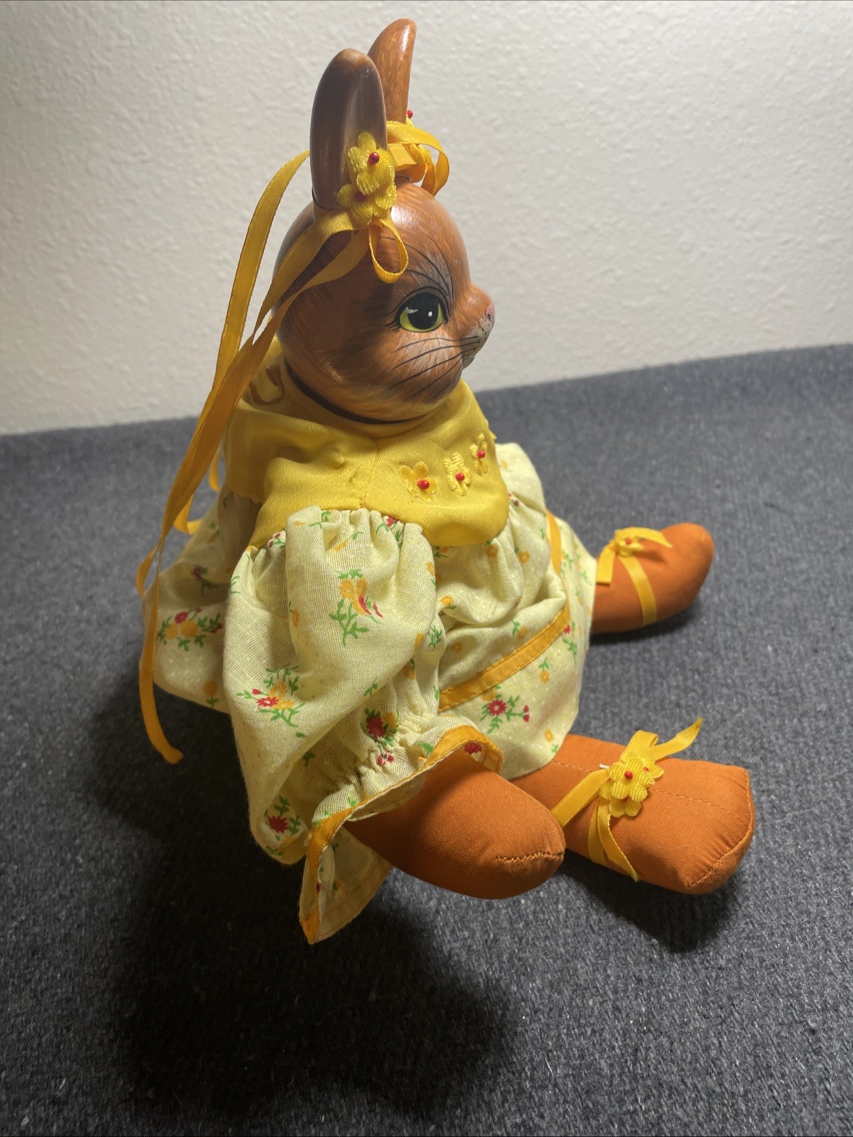 Rabbit Bunny Easter Doll Figurine Shelf Sitter Ceramic Head Spring Yellow