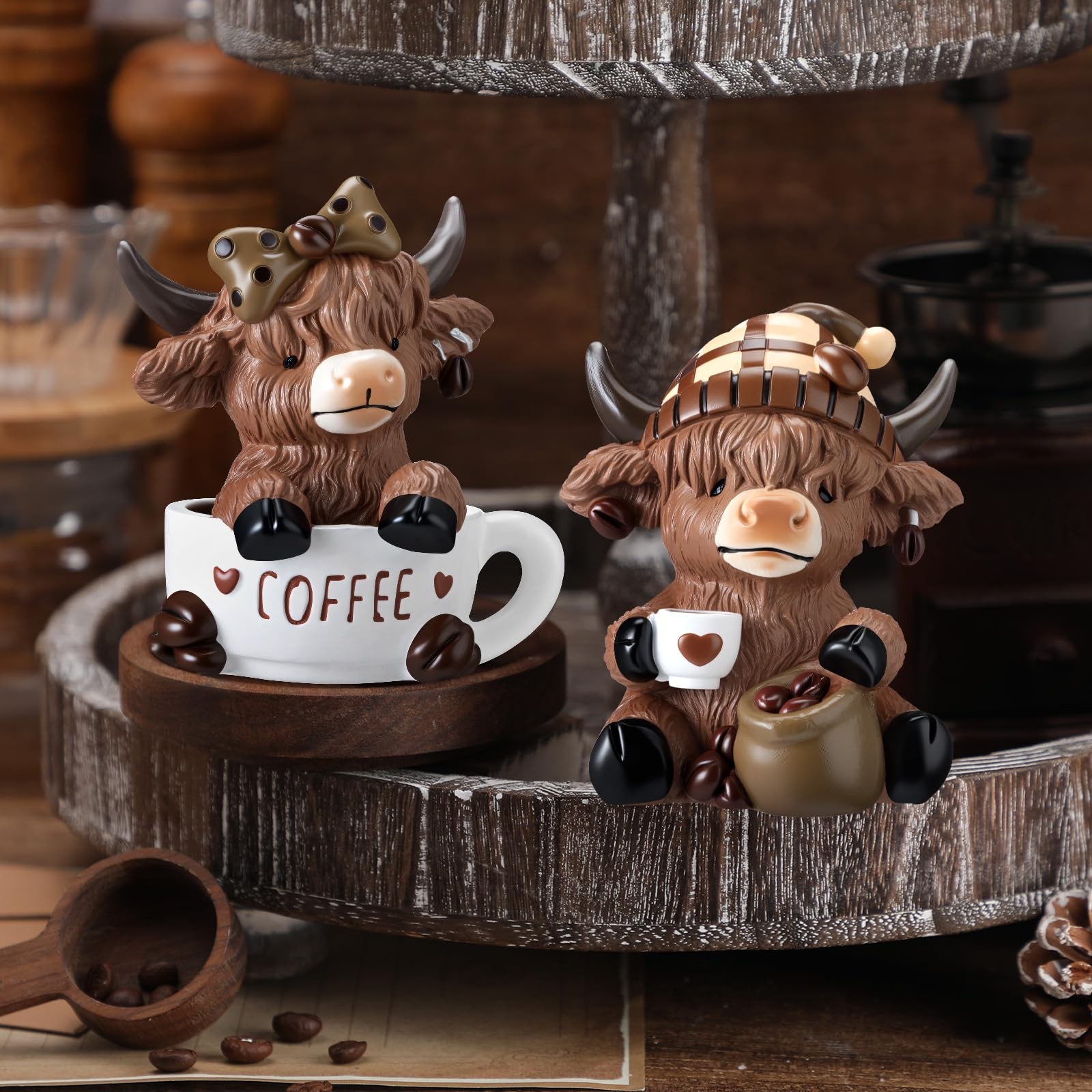 2 Pcs Highland Cow Figurines Highland Cow Gnomes Scottish Resin Statue Coffee
