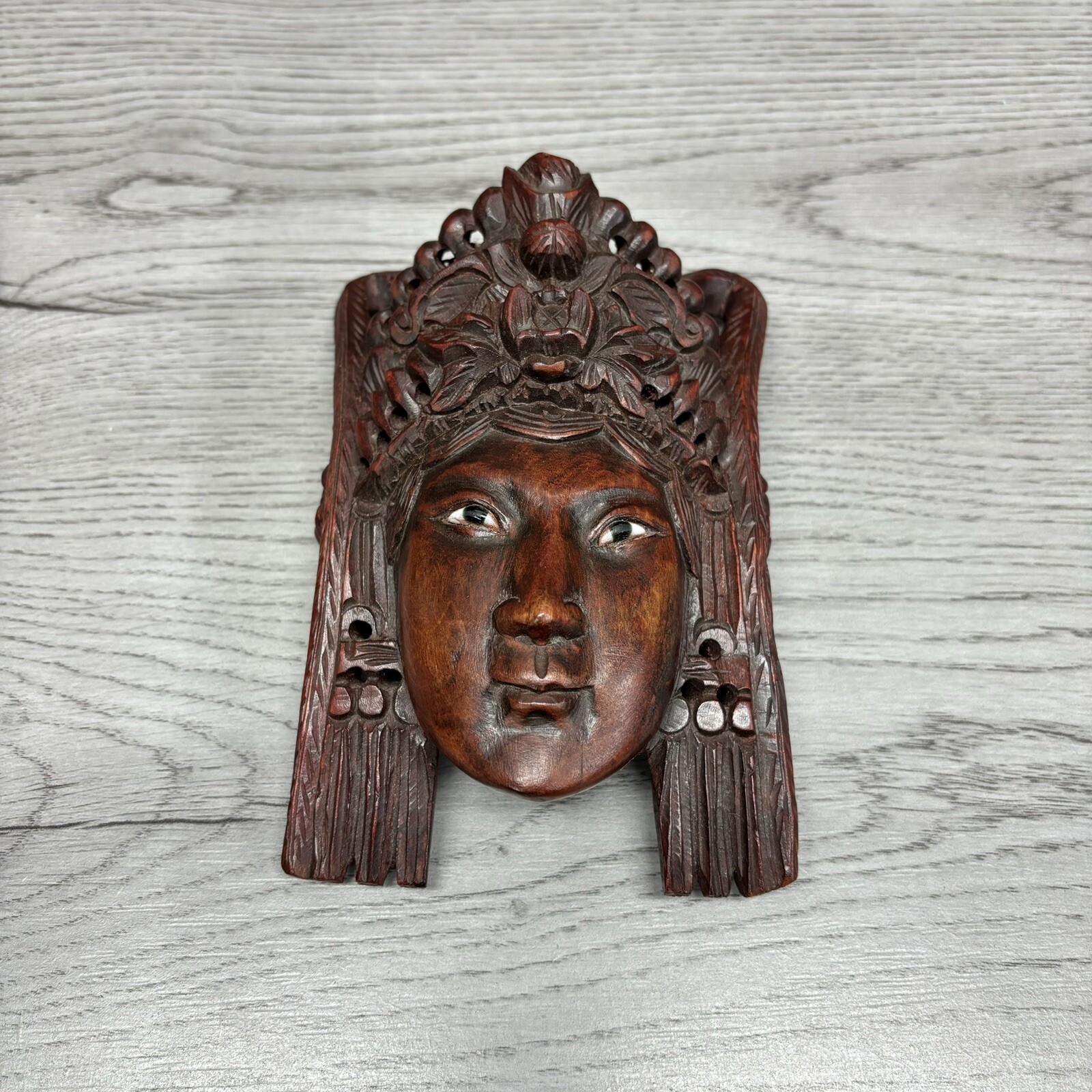 Vintage Asian Carved Wood Glass Eye Face TIBETAN EMPRESS Female 6” Wall Decor