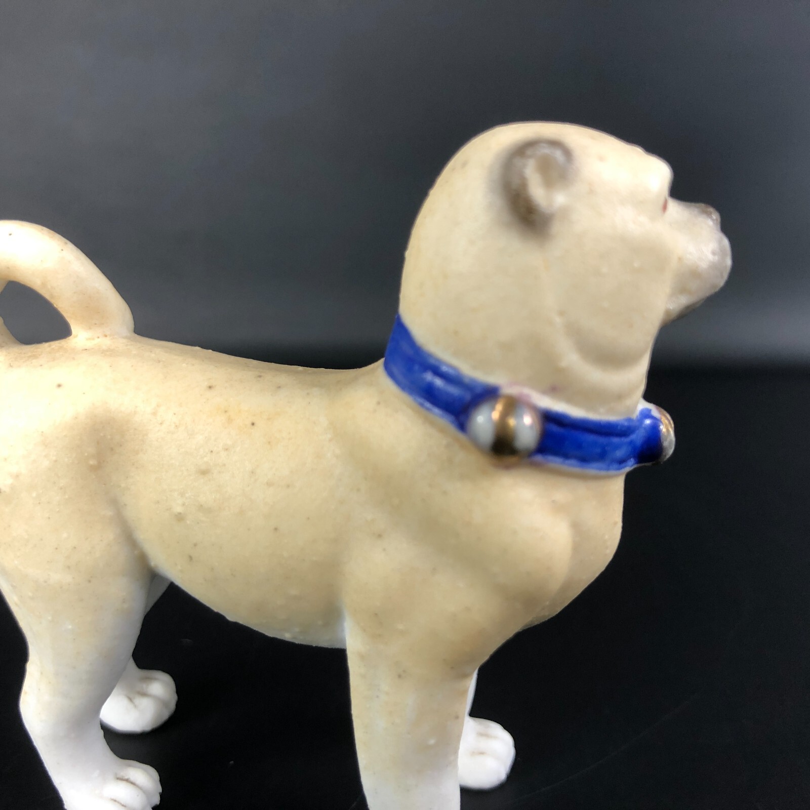 ANTIQUE 1900S PUG DOG Figure Victorian Dollhouse Miniature Bisque Figurine 2.50″