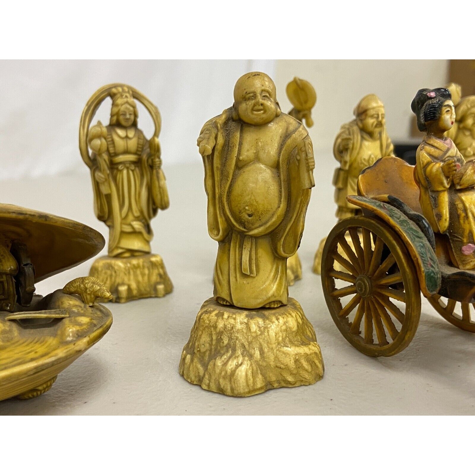 Seven Lucky Gods of Fortune Figurines Vintage Japanese Ceramic Complete Set