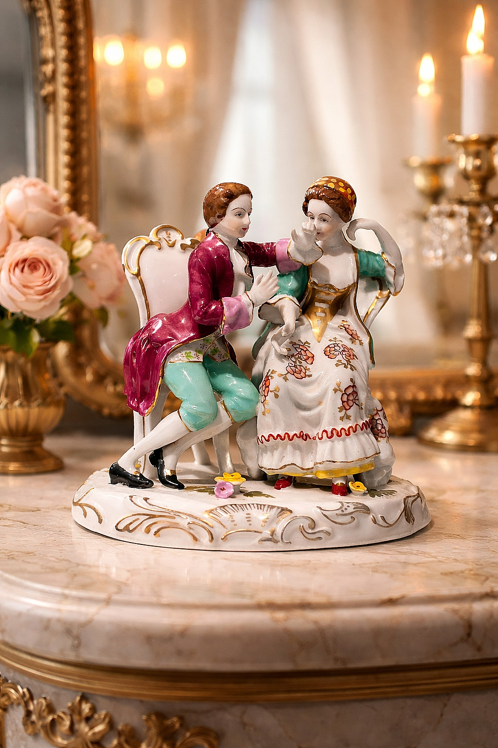 Rare Antique 1920s Japan Porcelain Victorian Couple Porcelain Figurine Gold Gilt