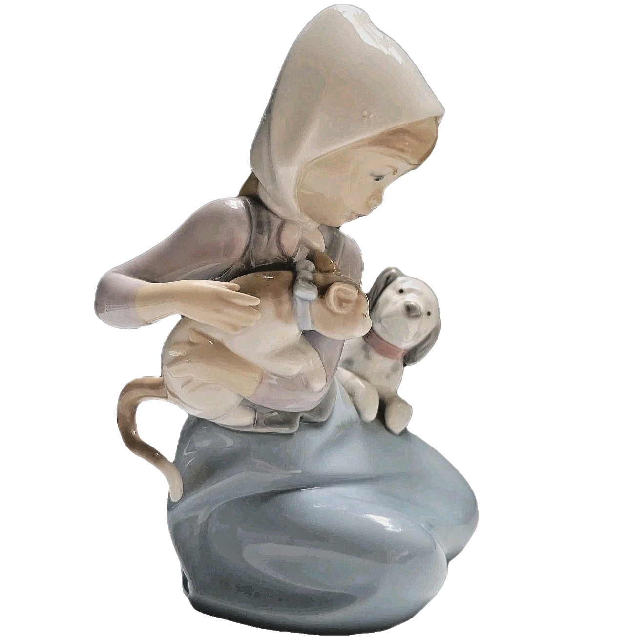 Lladro Porcelain Figurine Little Friskies Girl Holding Dog Puppy Cat VTG 1970’s