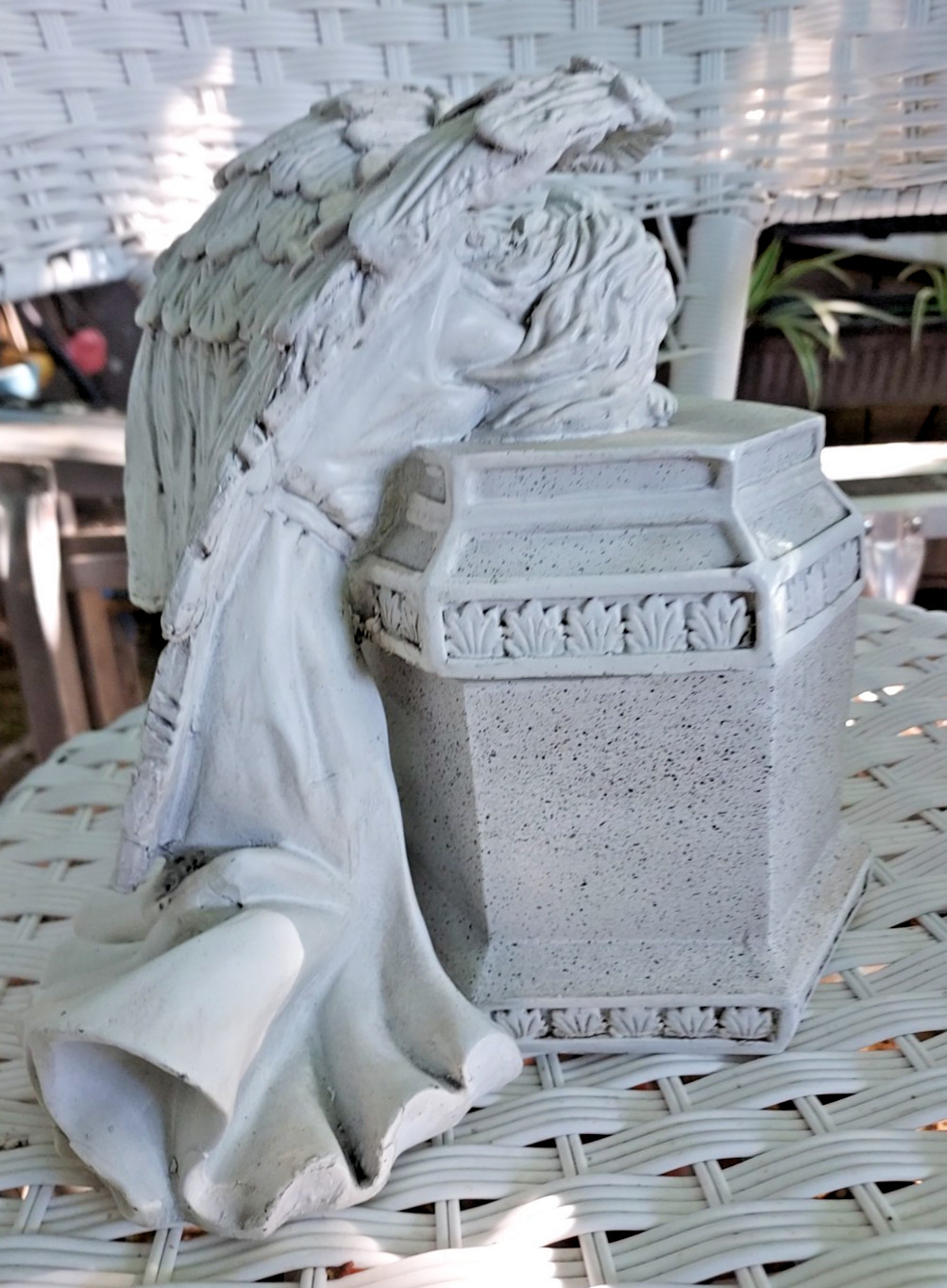White Stone Look Weeping Mourning Angel Memorial Urn Keepsake Hexagon Box 10″