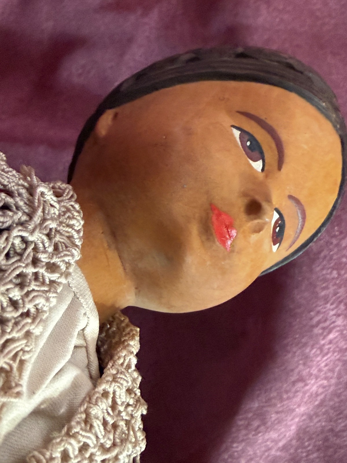 Vintage Swiss Hand Carved Wooden Girl Doll Head Cloth Body Hand made Costume