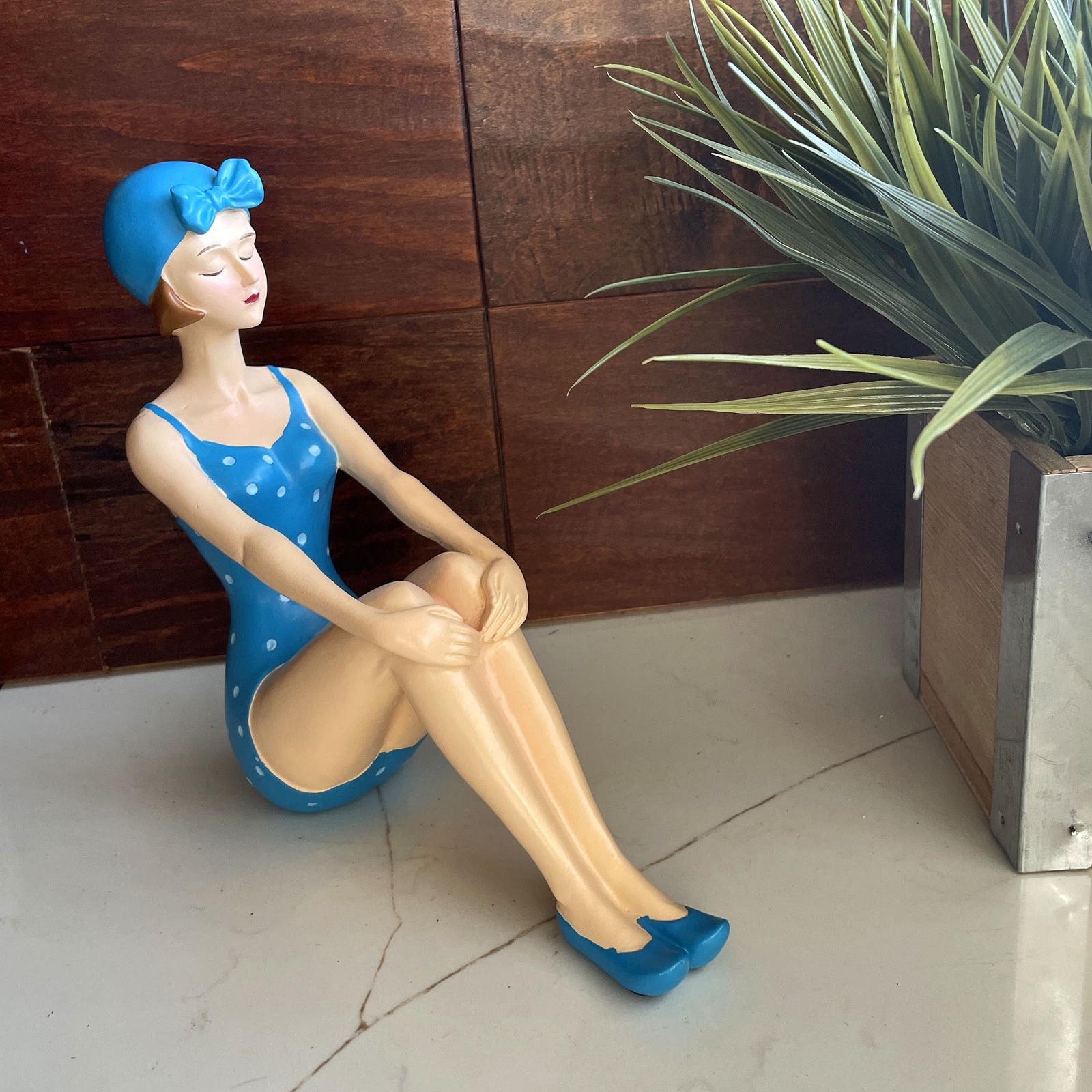 Retro Beach Beauty Sunbathing Figurine Aegean Blue Polka Dot Pinup 7.5 inch