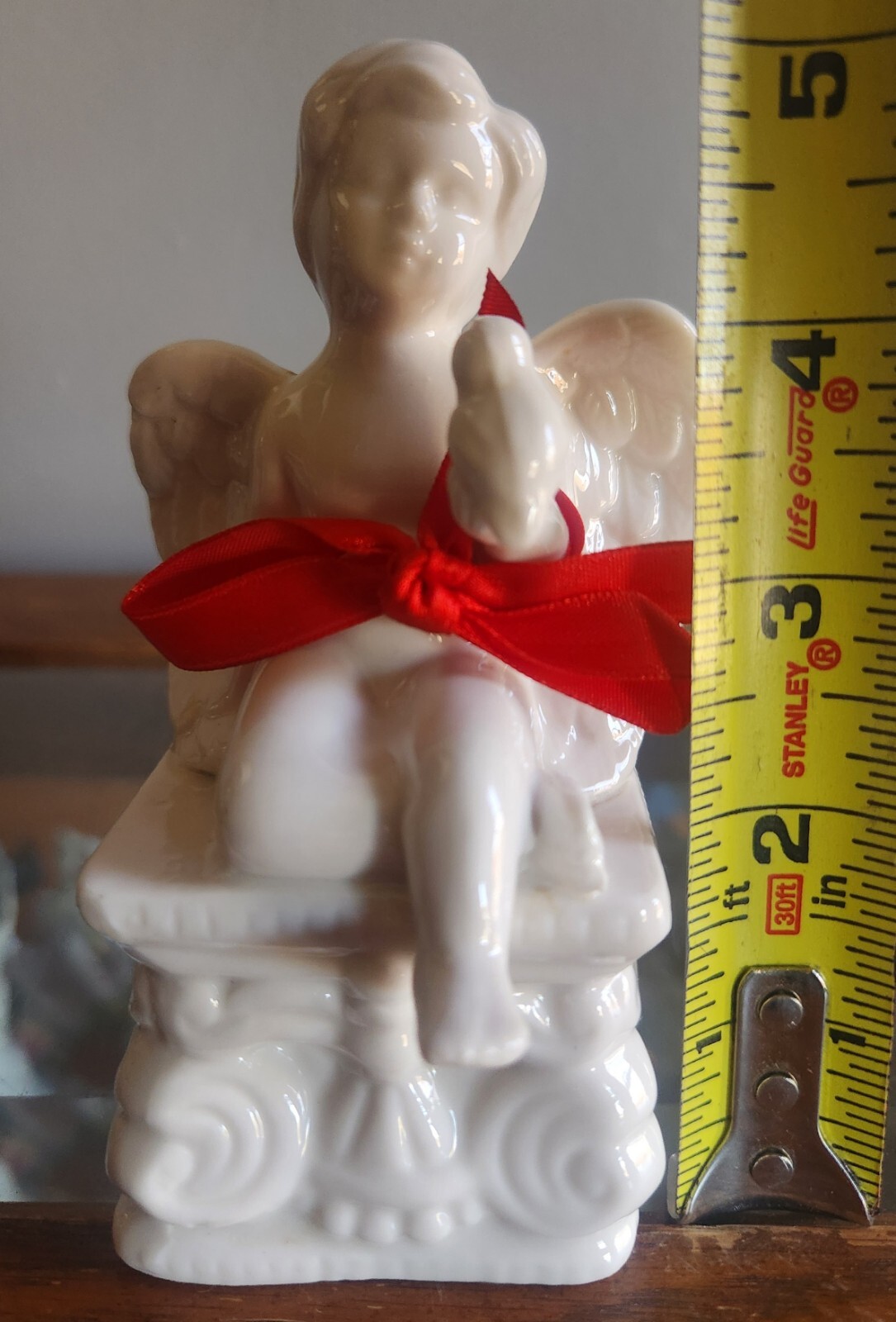 White Ceramic Cherub Angel Boy Figure Sitting On A Colum • 5″ Tall