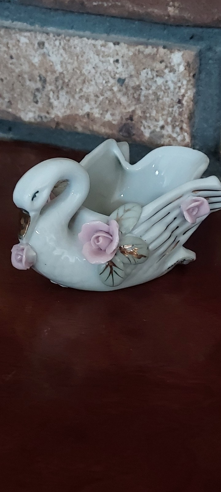 Porcelain Swan White Pink Roses Vintage Figurine Trinket Dish Hammer Brand Japan