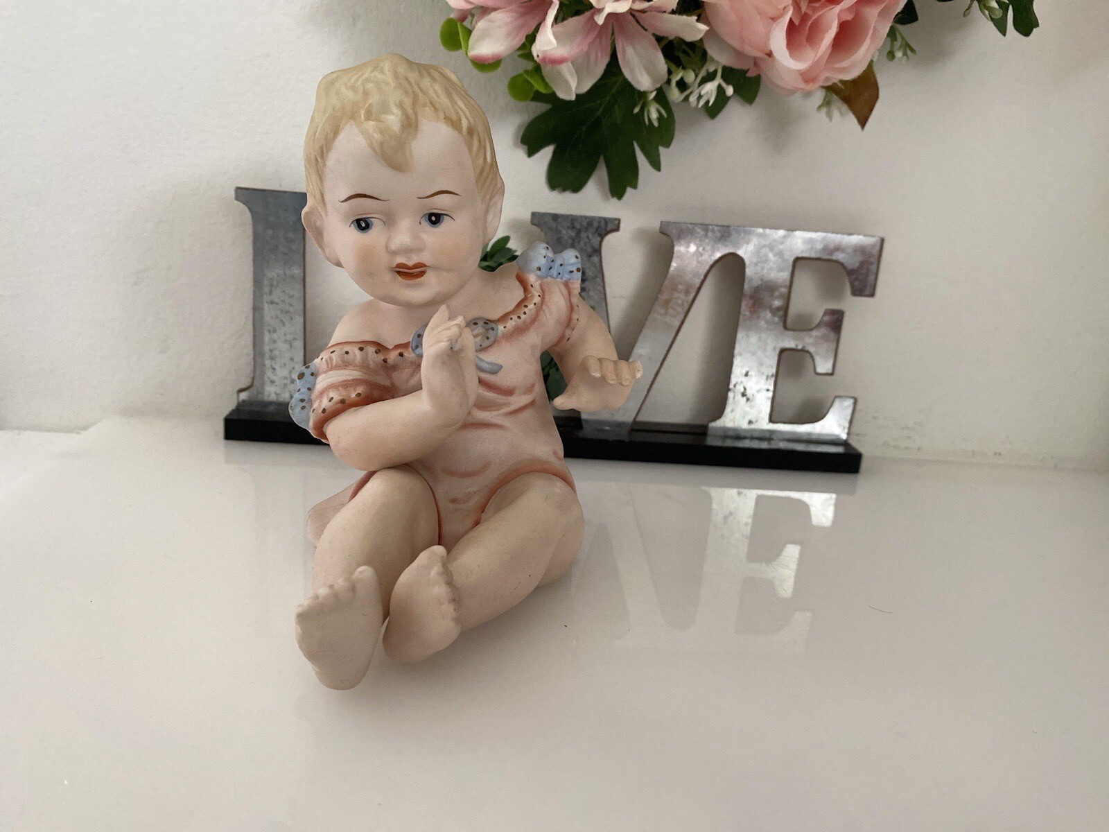 Porcelain Bisque Piano Baby Boy Pink Dress Blue Bows Sitting Up Stamped 23/112