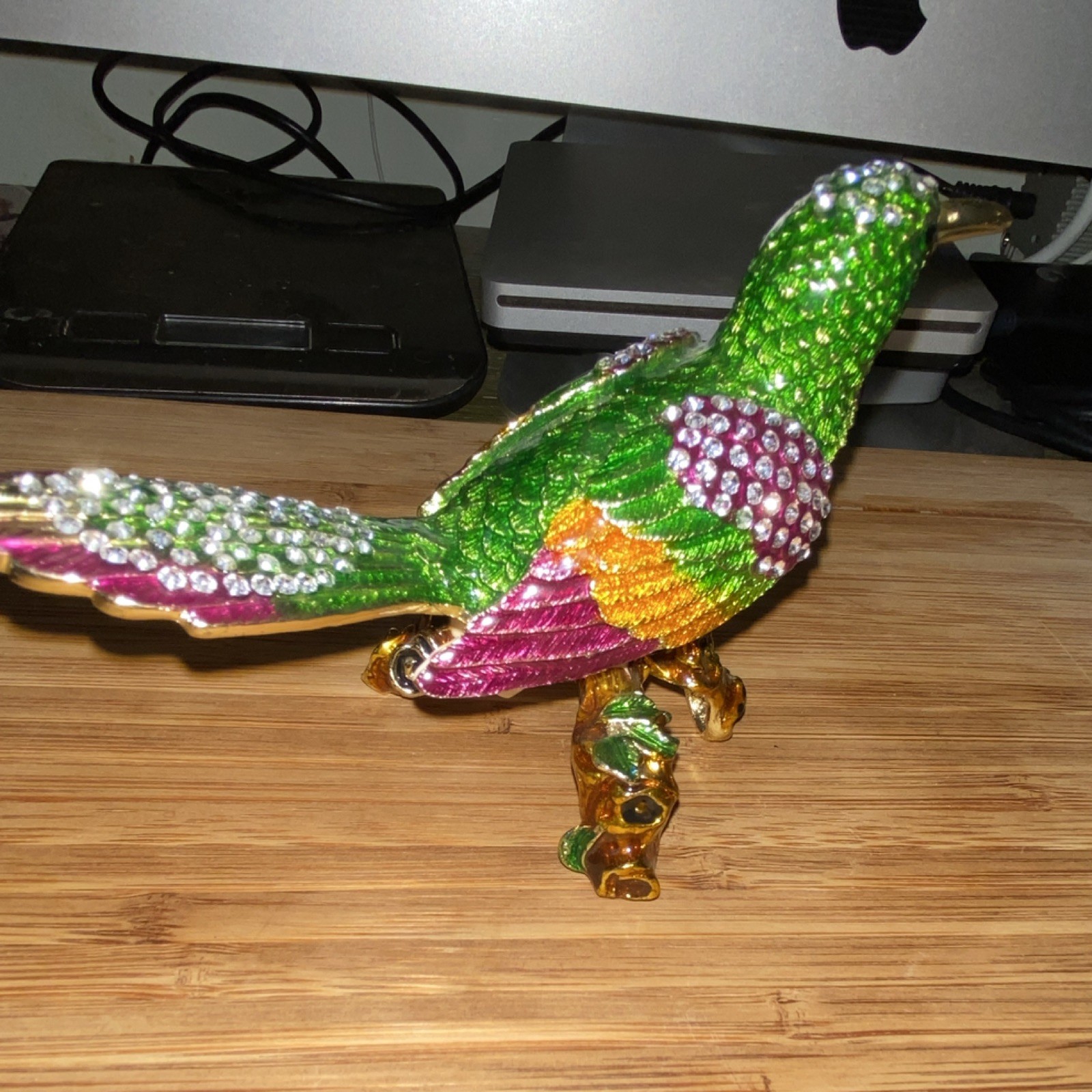 Multicolor Jeweled Hand Painted Enamel Hummingbird Bird Figurine Trinket Box