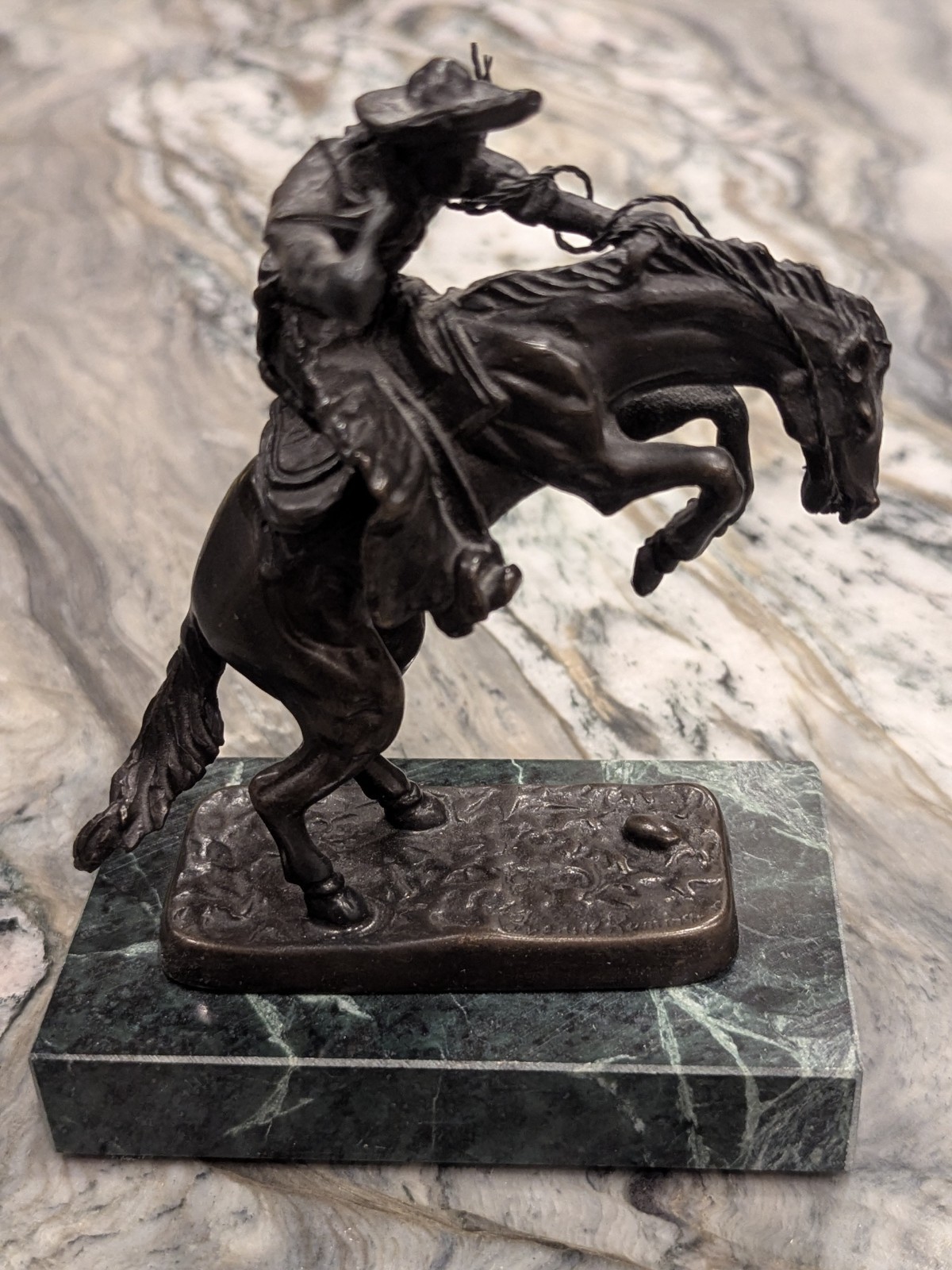 Andrea by Sadek Rearing Horse Cowboy Sculpture Marble Base 6” Bronze