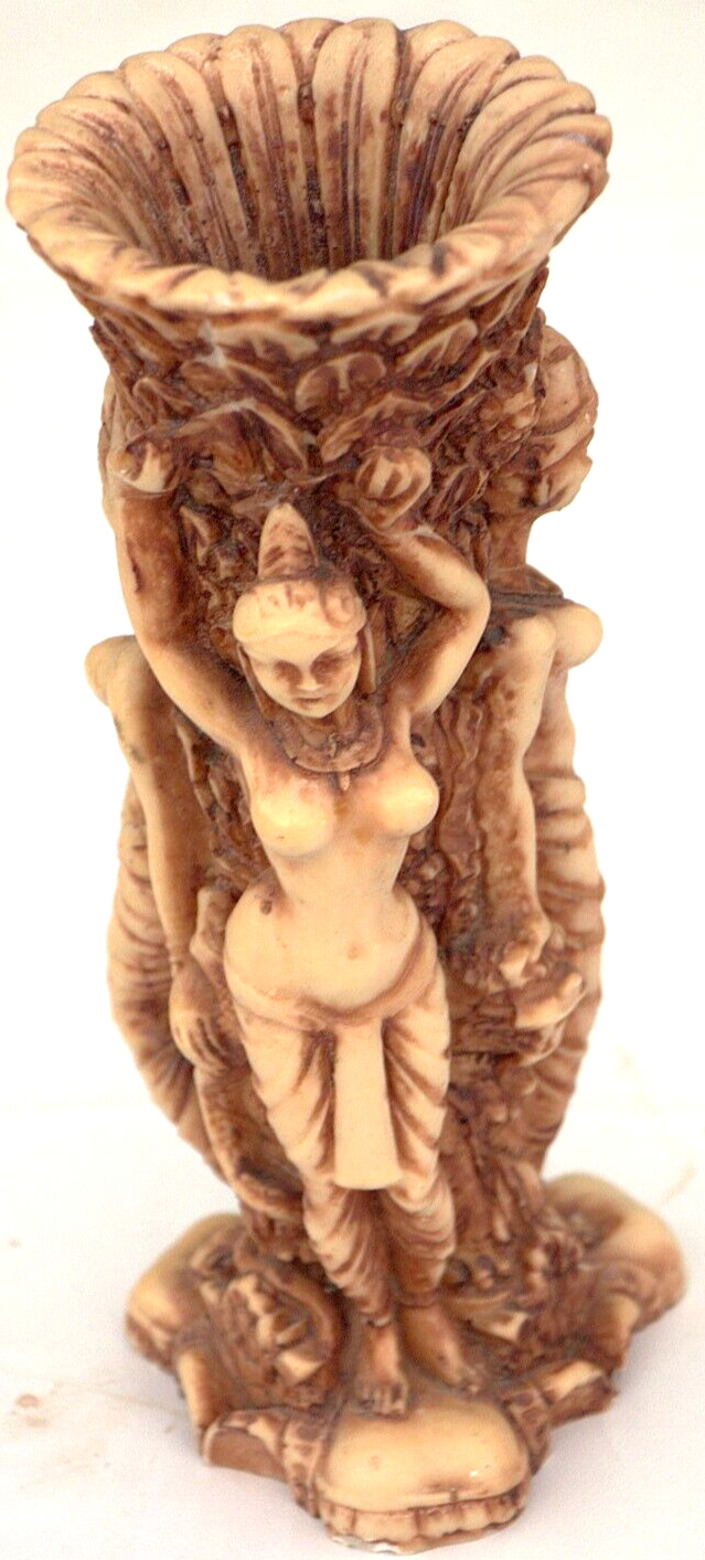 Carved Ethnic Art Vase Decorated in Plants Animals & Dancing Topless Ladies