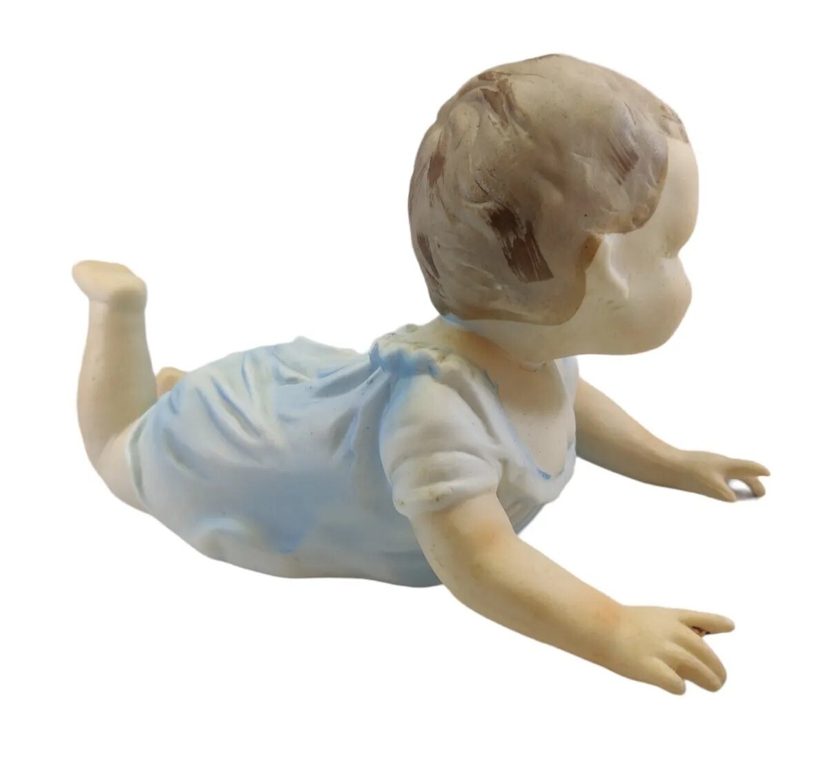 Vintage German Bisque Piano Baby Boy Blue Eyes and Clothes Crawling