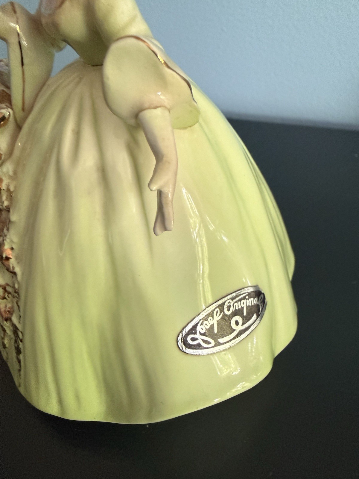 Josef Originals Four Seasons Series Green Dress 5 ¾” Figurine Flower Basket