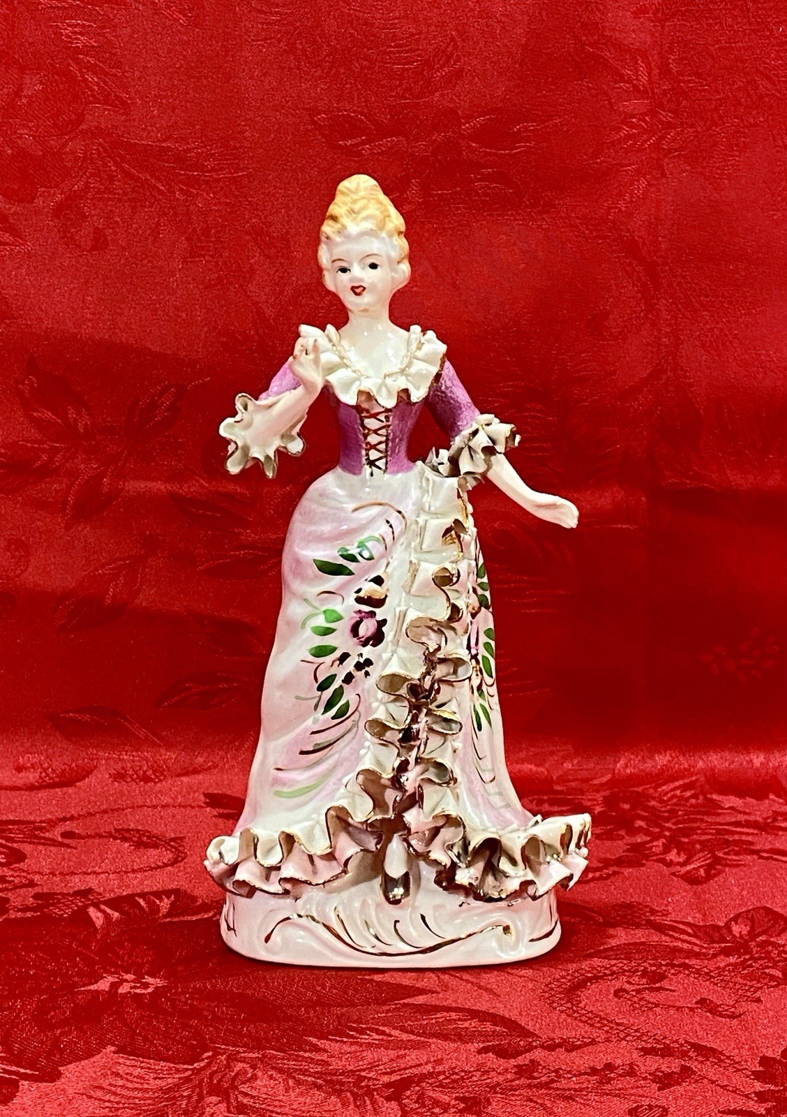 VTG Porcelain Victorian Lady Figurine in Period Dress Japan 7.5”-H, See Photos