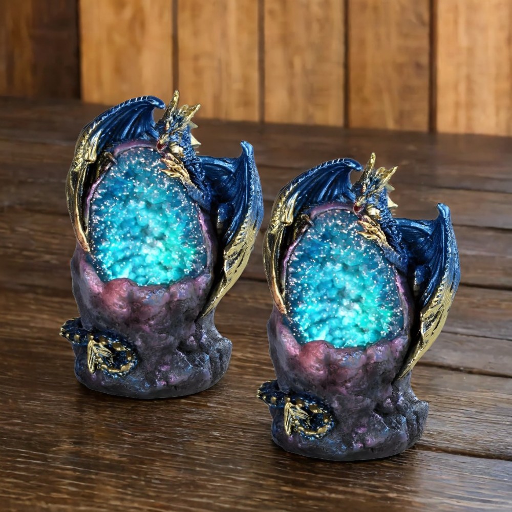 2-PC Gift Set 5″H Blue Dragon with LED Blue/Purple Faux Crystal Stone Figurine