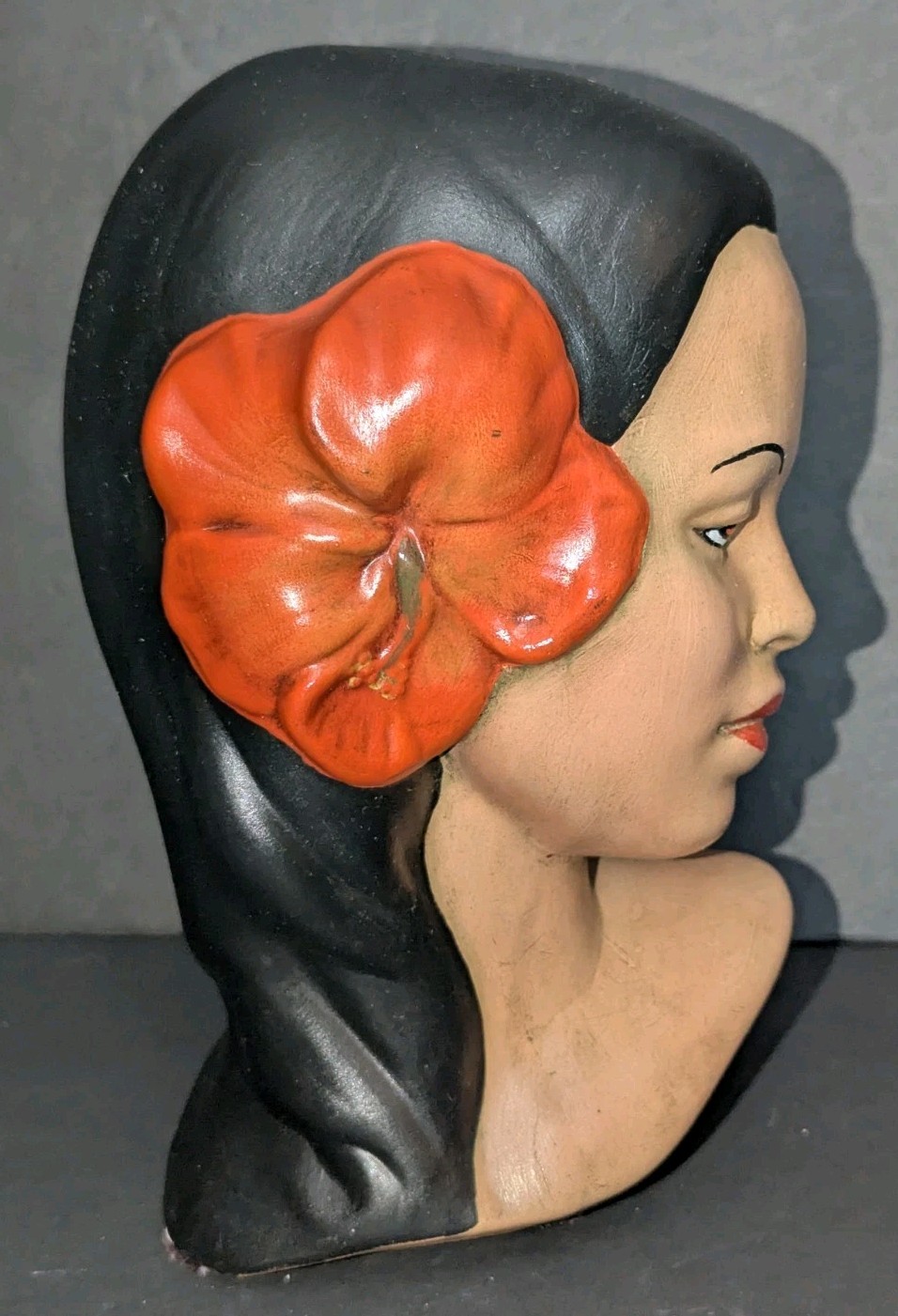 Vintage Hawaiian Polynesian Lady Woman Head Bust Statue Hand Painted Hibiscus