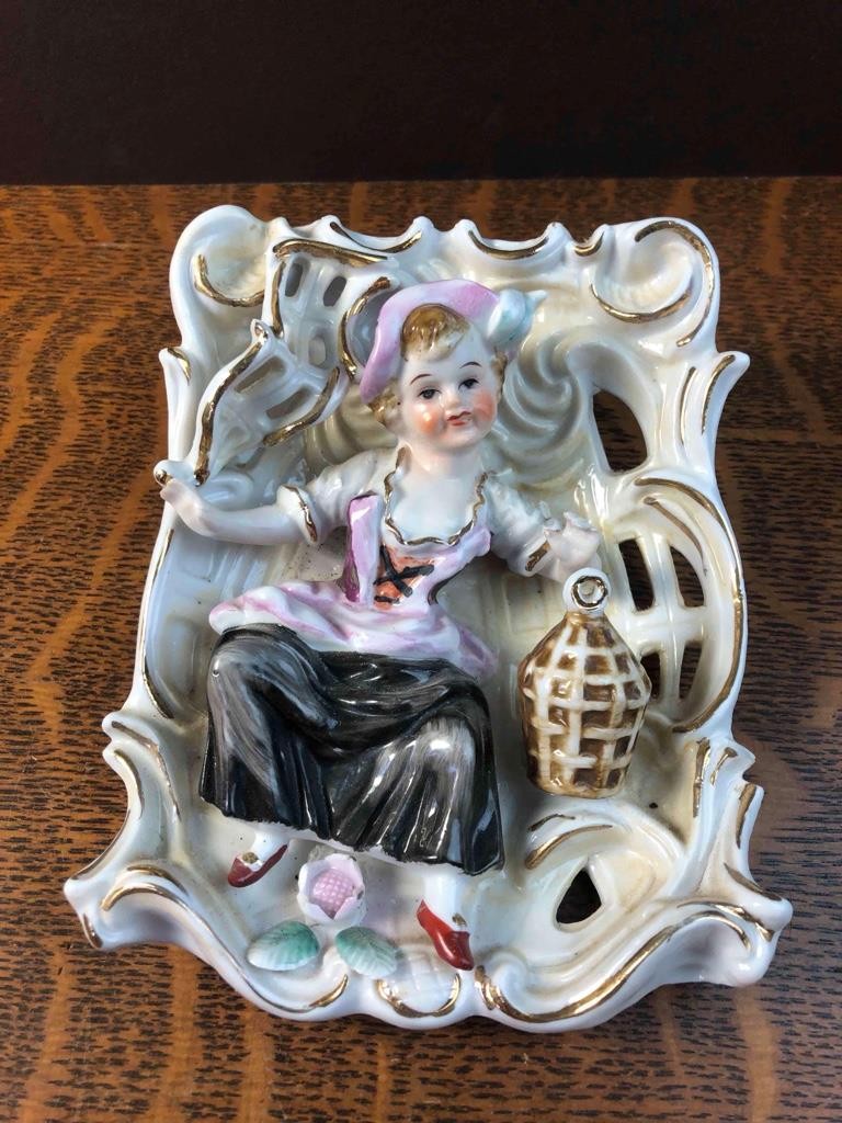 Vintage Ucago Porcelain Wall Pocket Vase Victorian Style Girl Bird Cage Japan