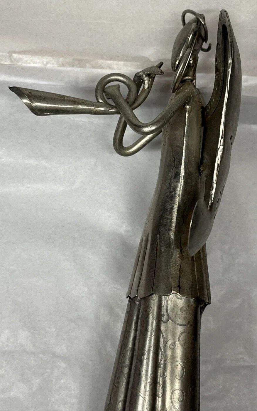 Metal Sculpture Folk Art Angel Playing Horn 17″ Tall Vintage