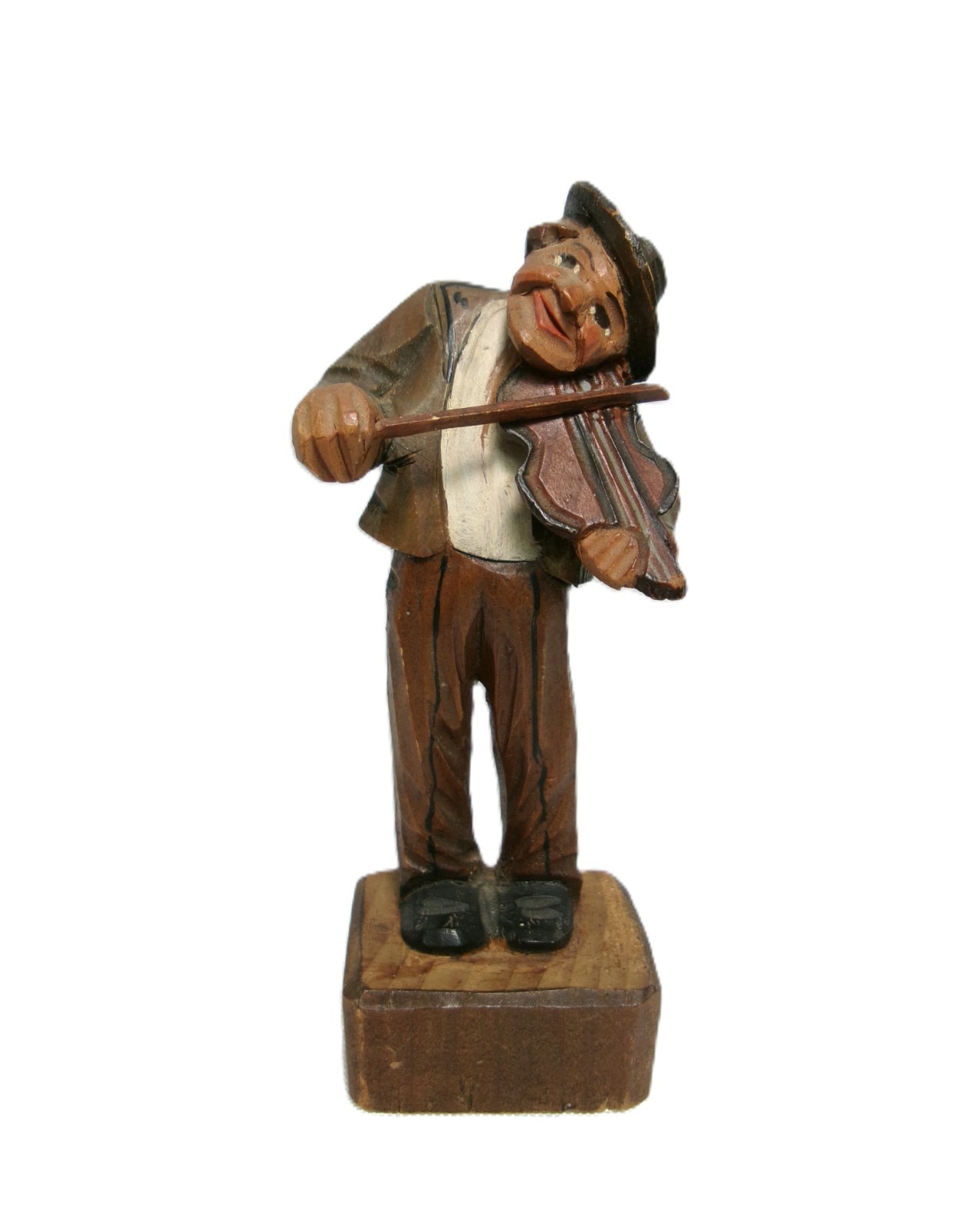 Rare Old World Hand Carved Wood Man & Violin Folk Art Figure, Marked Switzerland