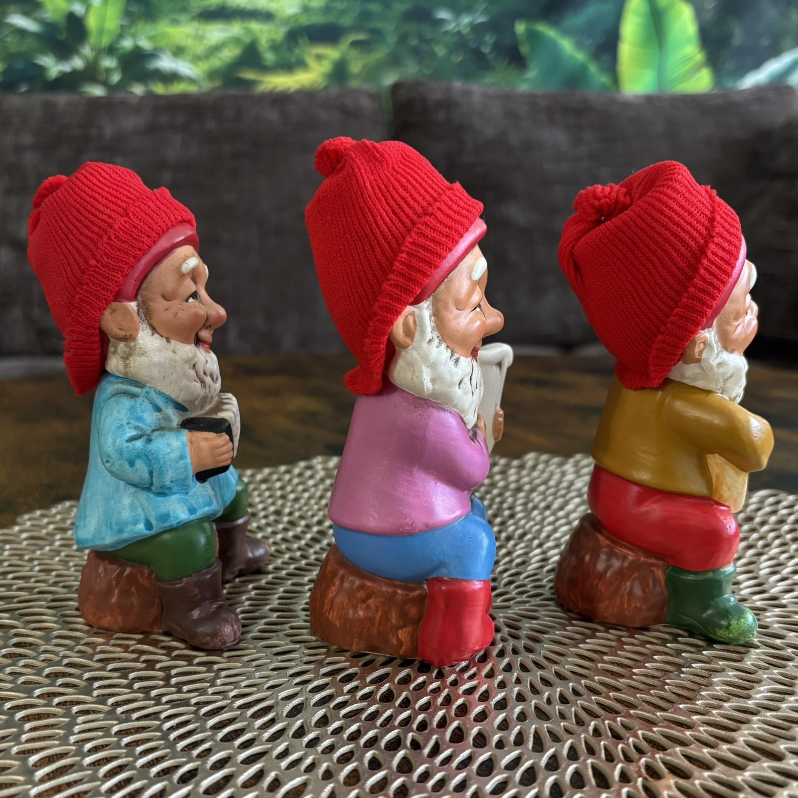 Vintage Figurines 3 Gnomes Playing Instruments Knitted Hats 5”