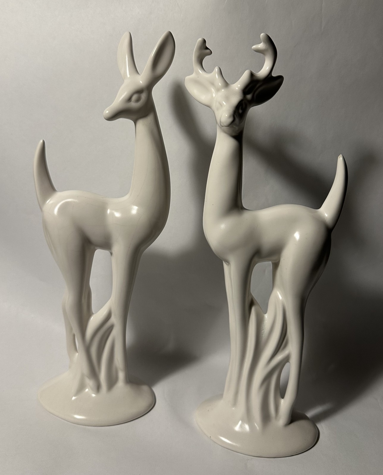 art deco MATTE WHITE DEER FIGURINES 12″