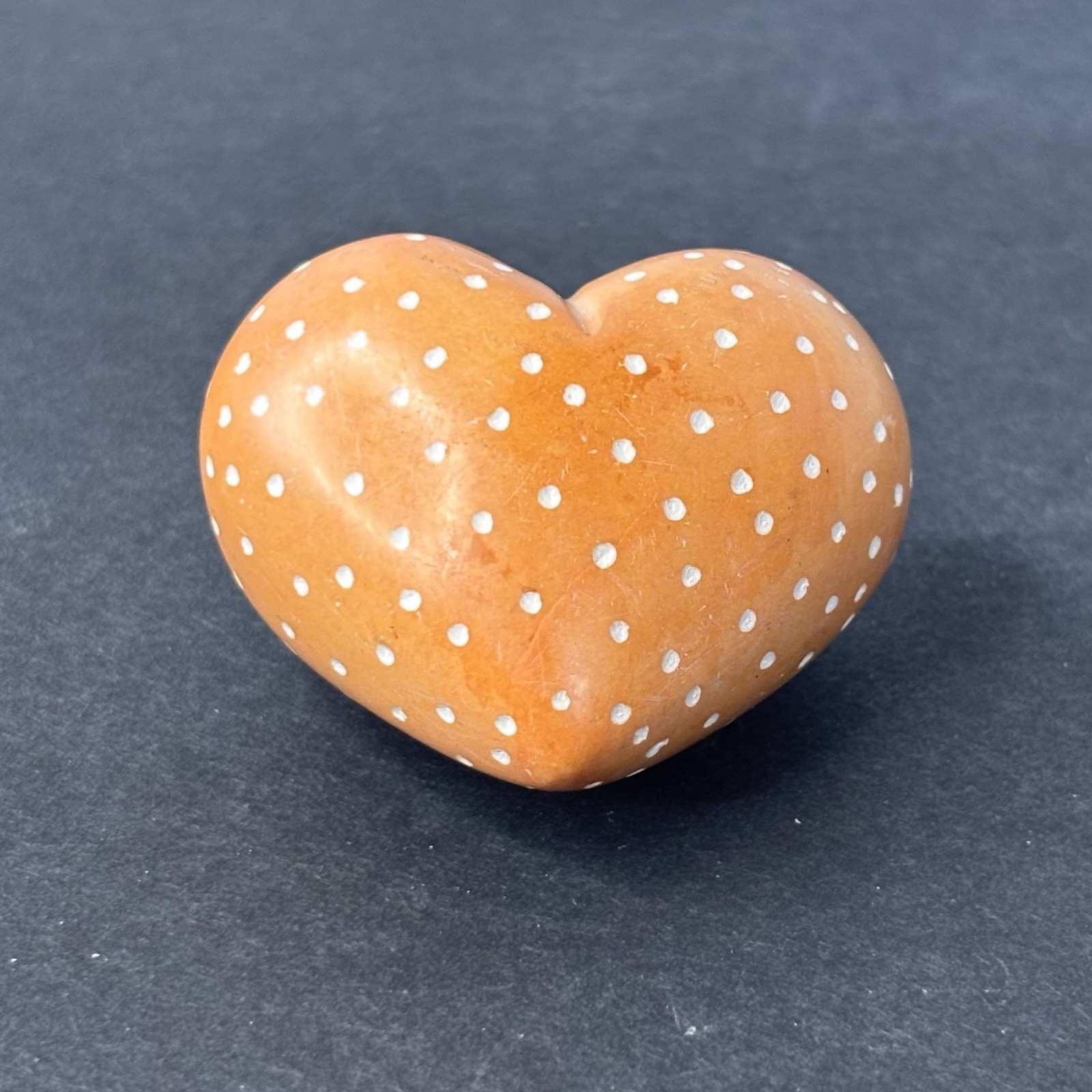 Solid Orange Hand Carved and Painted White Polka Dots Soapstone Heart (2 in)
