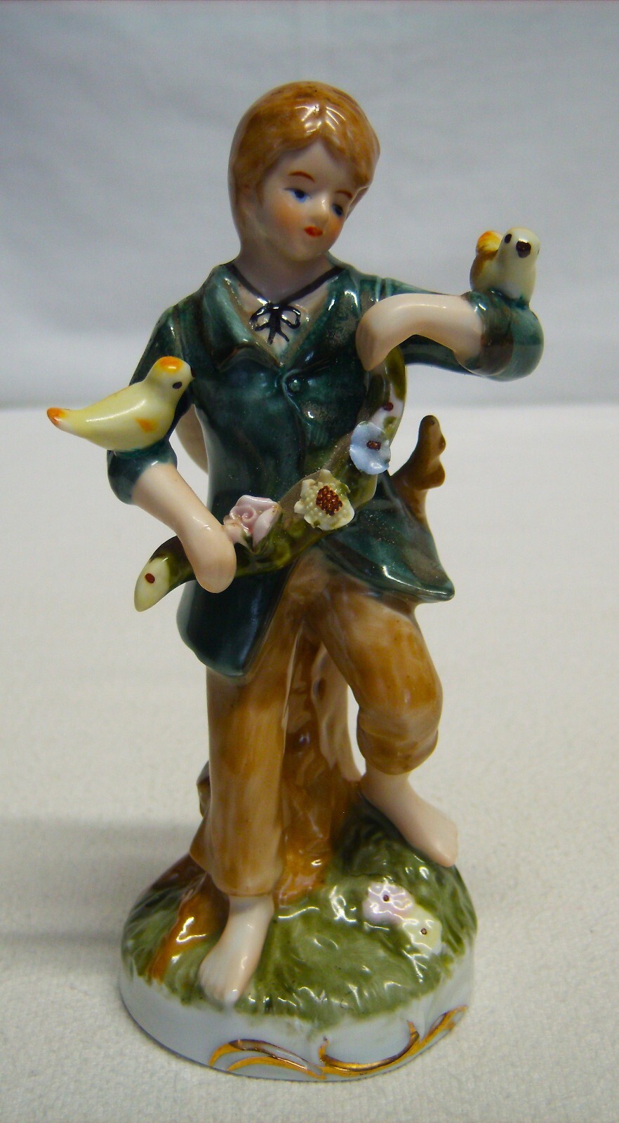 Vtg Porcelain Figurine Boy with Birds Made In Korea 5.75″ T
