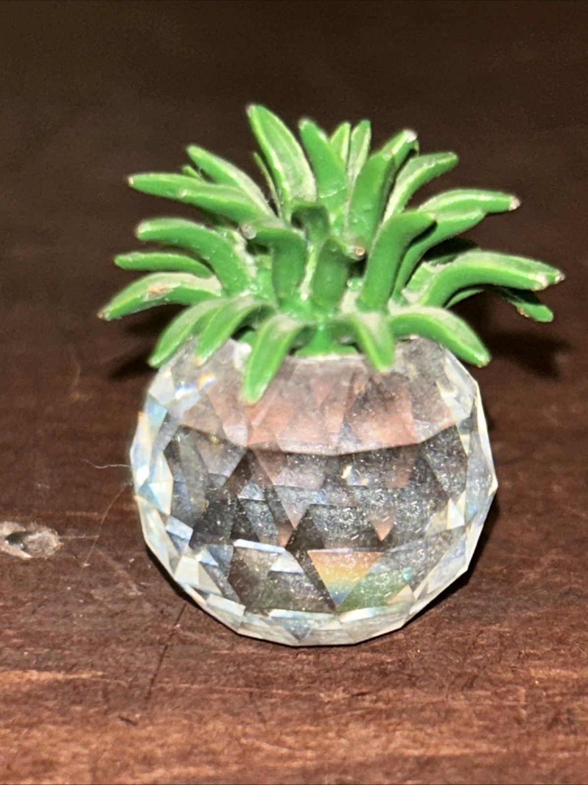Crystal Miniature Pineapple Figurine Metal Leaves 1″ Tall No Mark