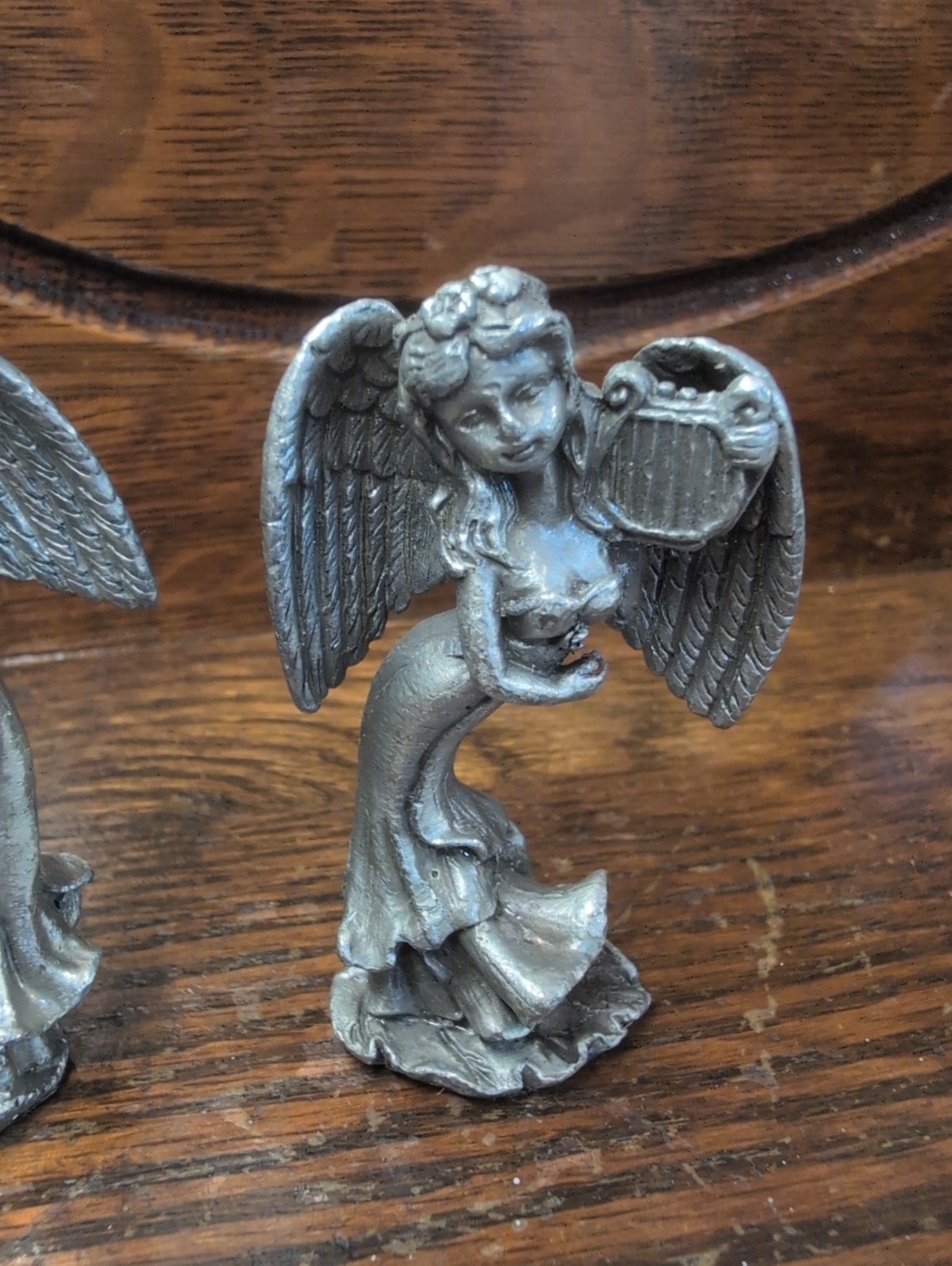 Set Of 2 Pewter Miniature 3″ Angels Playing Harp & Accordion Musical Instruments