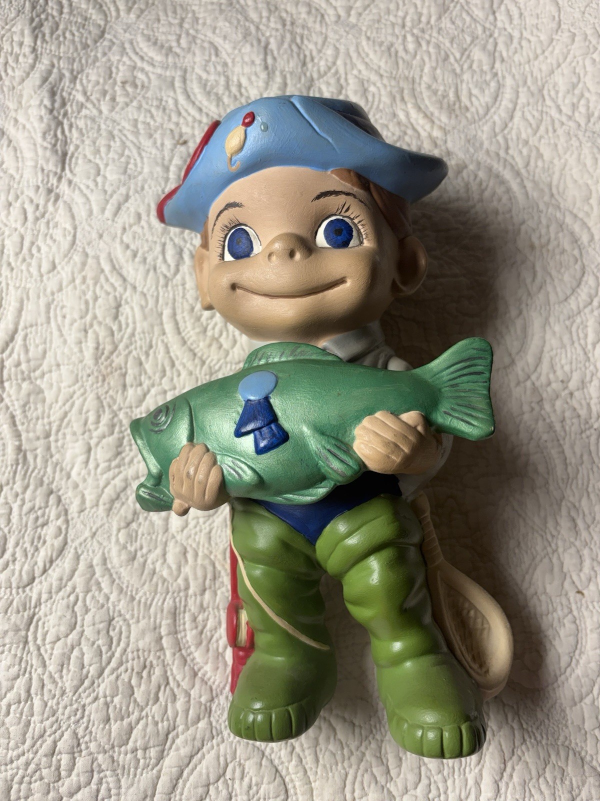 Vintage 1970s hand painted smiley boy fisherman figurine 9 in tall