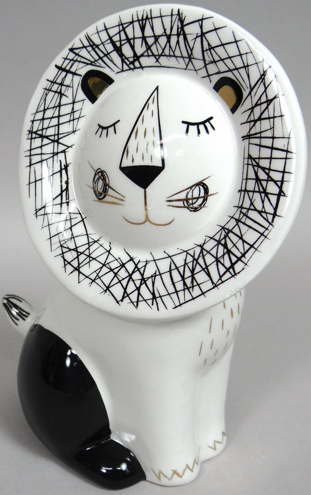 Lion Figurine Porcelain Black White Real Gold Accents Hand Painted Funky 5.5 in