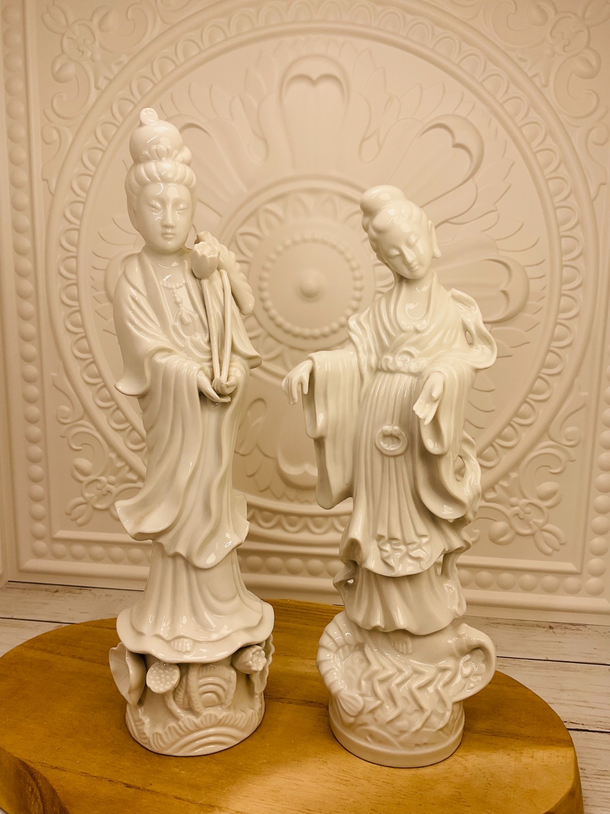 Rare Pair Blanc de Chine Guanyin Kwan Yin White Porcelain Figurines 14″ & 12″