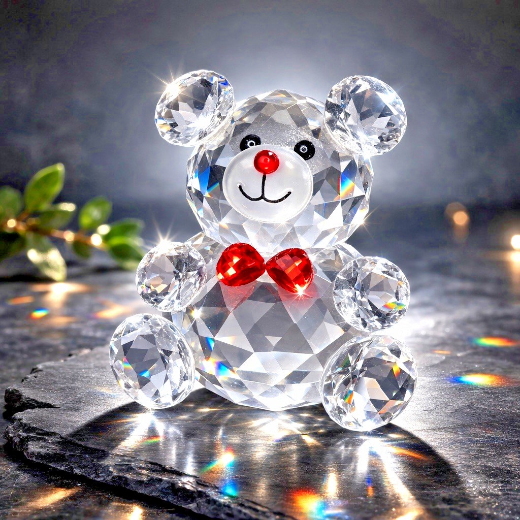 Clear Crystal Teddy Bear Figurine Black Eyes Red Nose Bow 3″ Decor