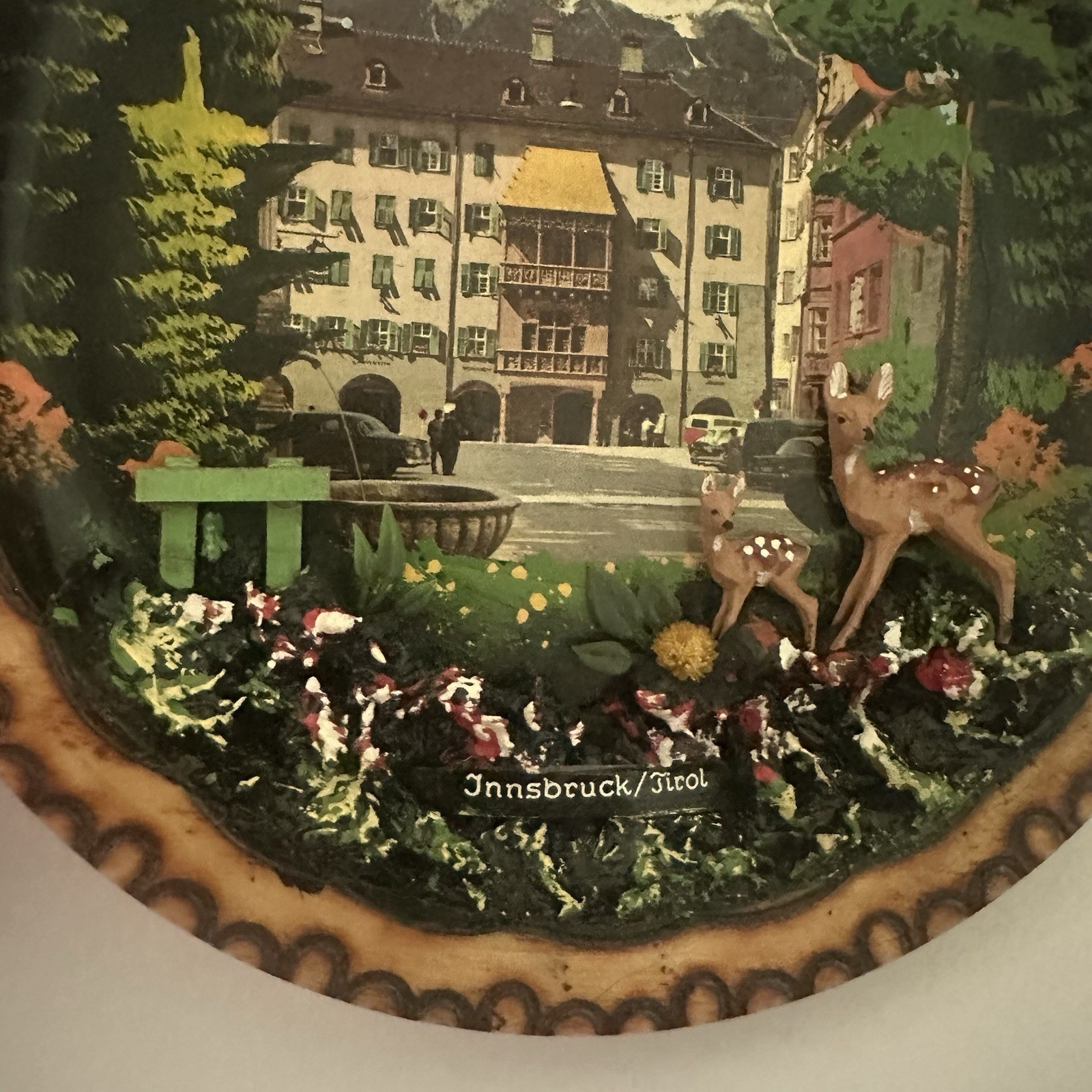 Vintage 50s Innsbruck Tirol Hand Carved Painted Wood Plate Alpine Deer Austria