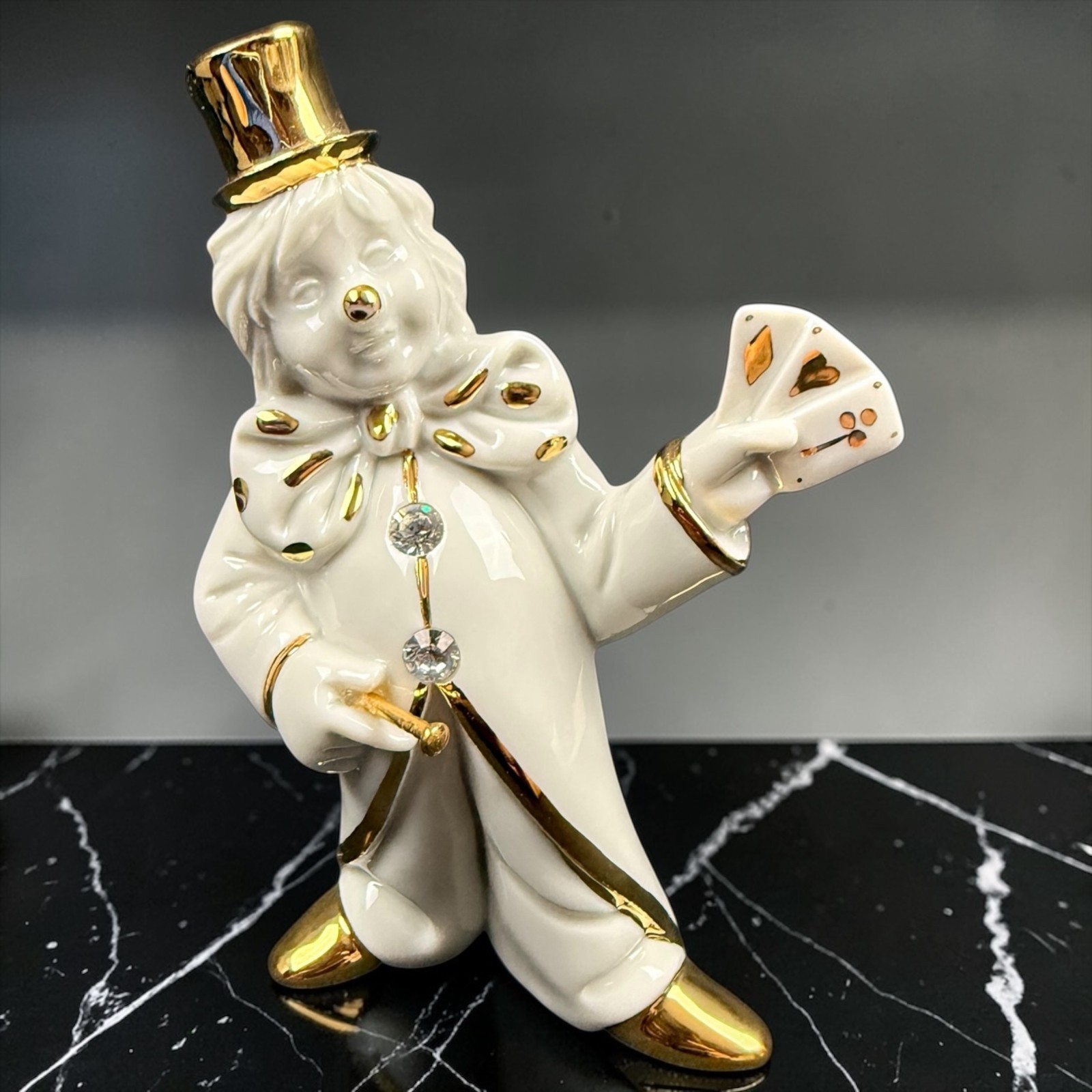 RG Porcellane Capodimonte Limoges Clown Figurine White Gold Tone Swarovski Italy