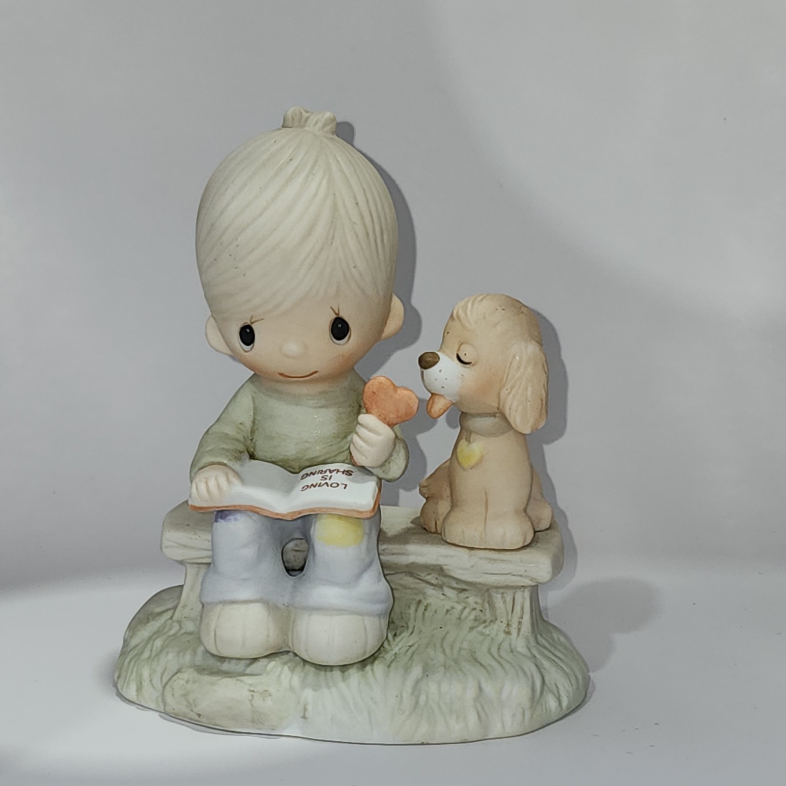 1979 Precious Moments Figurine Loving is Sharing Boy and Puppy Dog E-3110