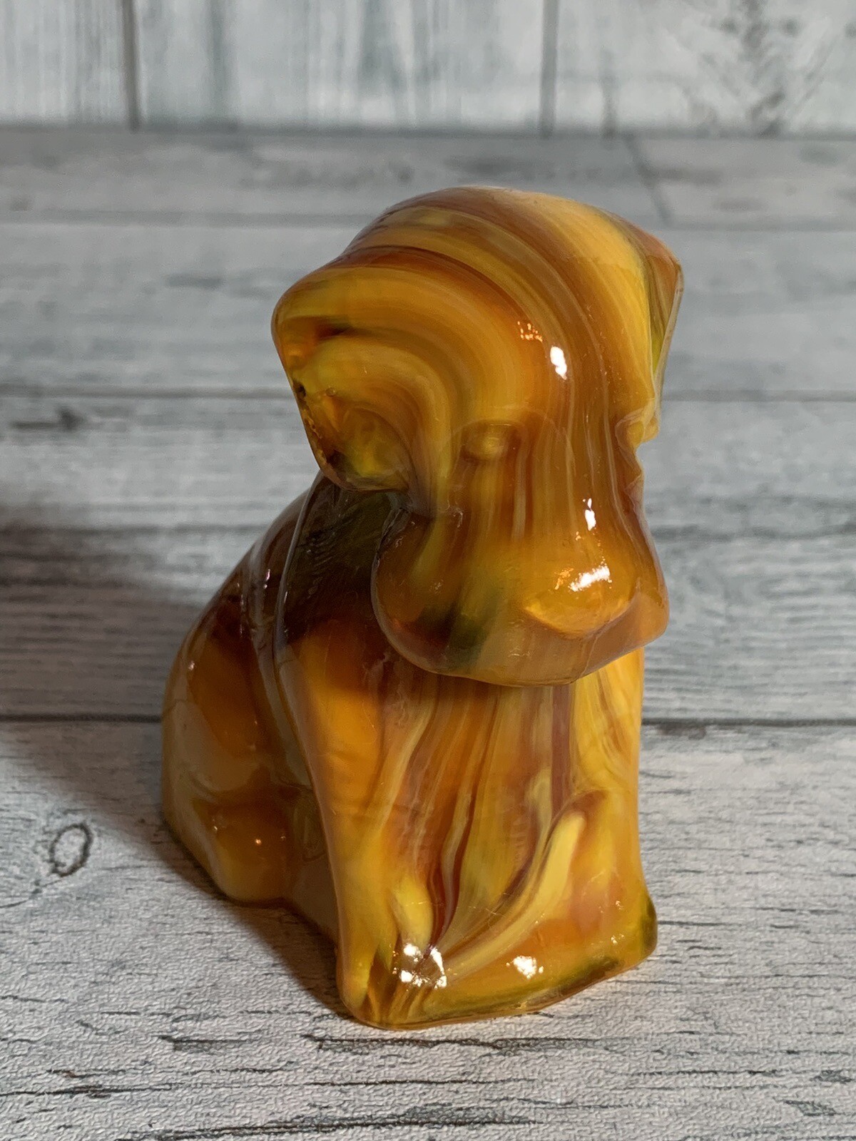 Vtg Pooch The Dog Degenhart Bittersweet Burnt Orange Slag Glass UV Glow Marked D