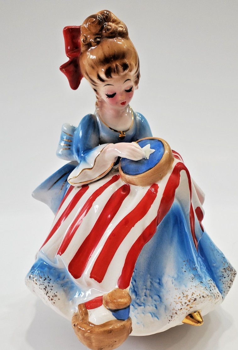 Vtg Josef Originals Betsy Ross w/ Flag Music Box Spins & Plays God Bless America
