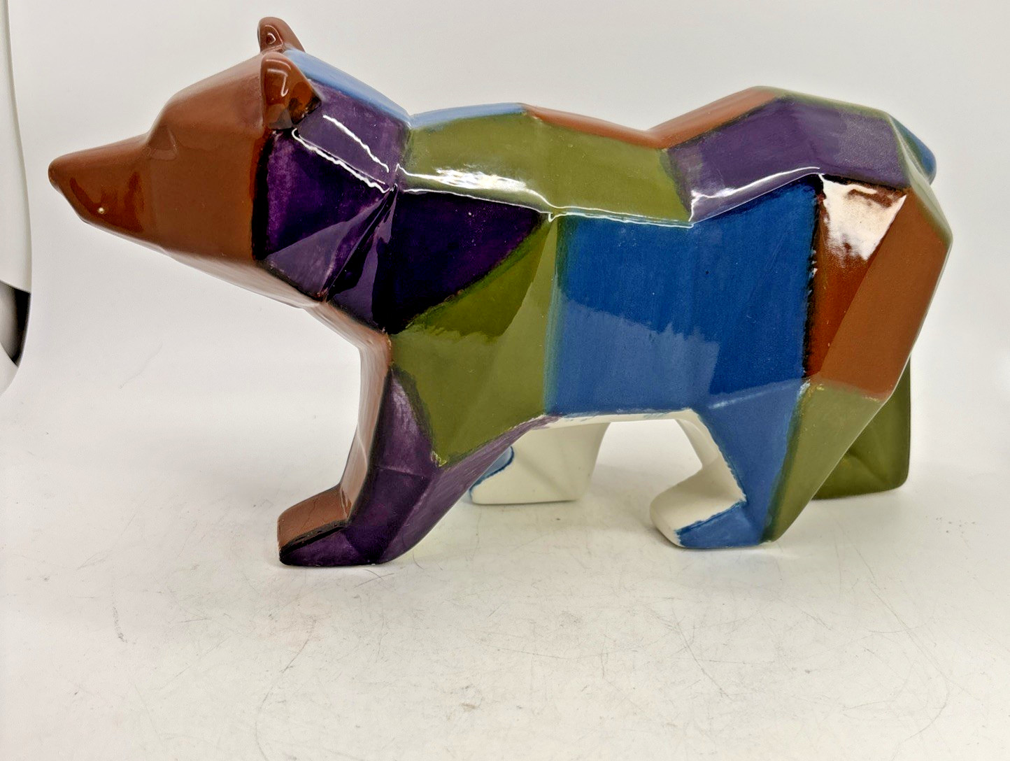 Colorful Geometric Bear Figurine Cubist Pattern Ceramic Figurine 9” Long 5” Tall